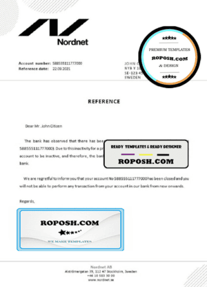 Sweden Nordnet bank account closure reference letter template in Word and PDF format