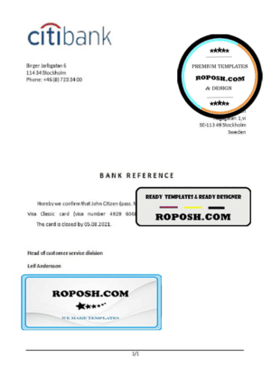 Sweden Citibank bank account closure reference letter template in Word and PDF format