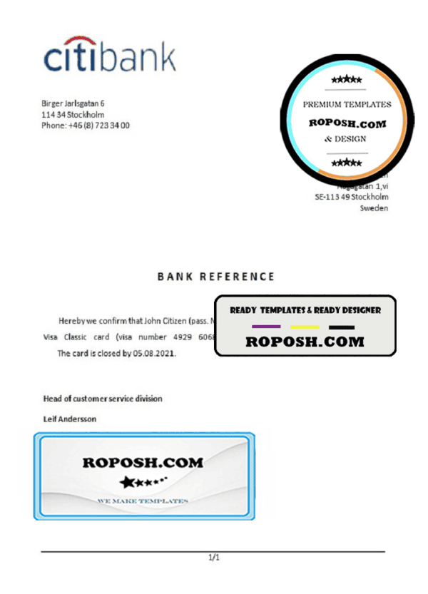 Sweden Citibank bank account closure reference letter template in Word and PDF format