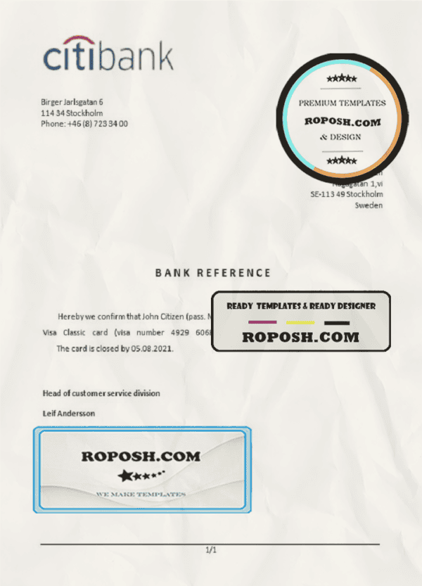 Sweden Citibank bank account closure reference letter template in Word and PDF format