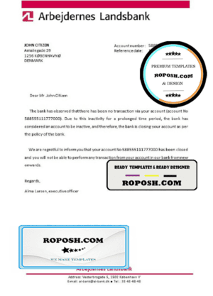 Denmark Arbejdernes Landsbank bank account closure reference letter template in Word and PDF format