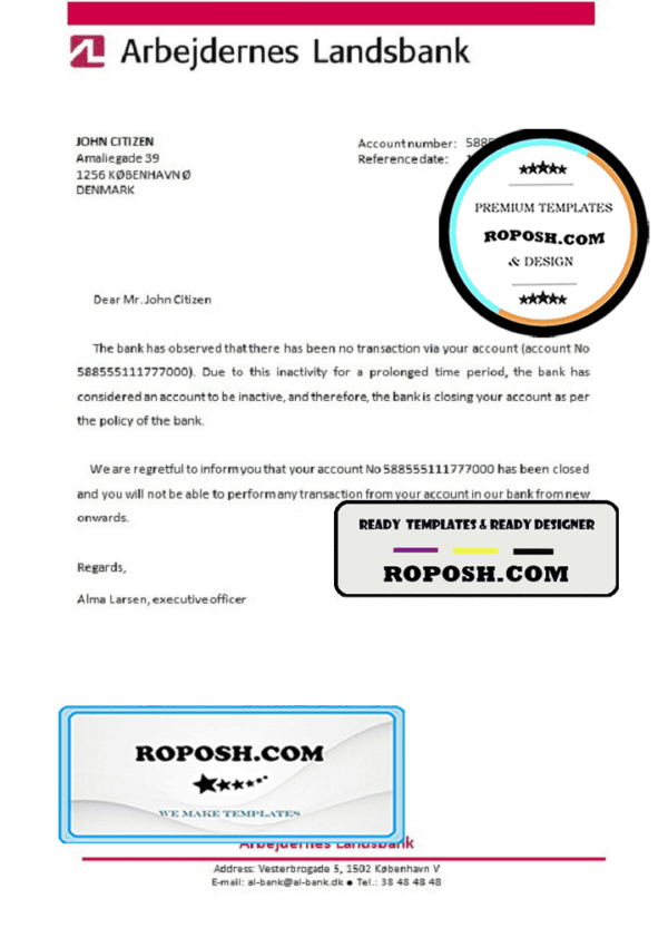 Denmark Arbejdernes Landsbank bank account closure reference letter template in Word and PDF format