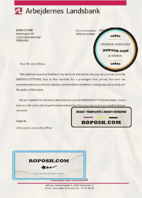 Denmark Arbejdernes Landsbank bank account closure reference letter template in Word and PDF format