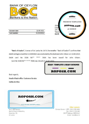 Sri Lanka BOC bank account closure reference letter template in Word and PDF format