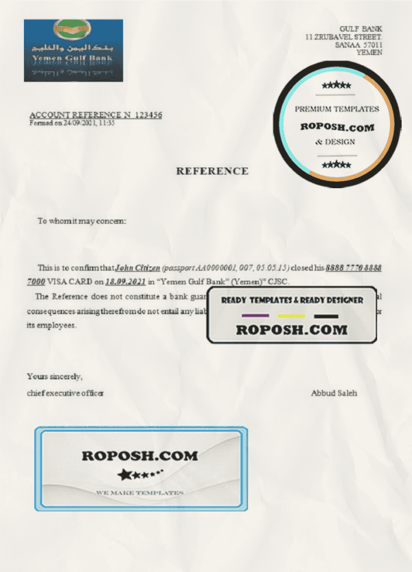 Yemen Gulf bank account closure reference letter template in Word and PDF format