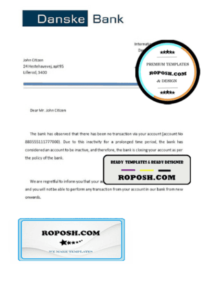 Denmark Danskebank bank account closure reference letter template in Word and PDF format