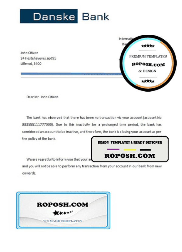 Denmark Danskebank bank account closure reference letter template in Word and PDF format