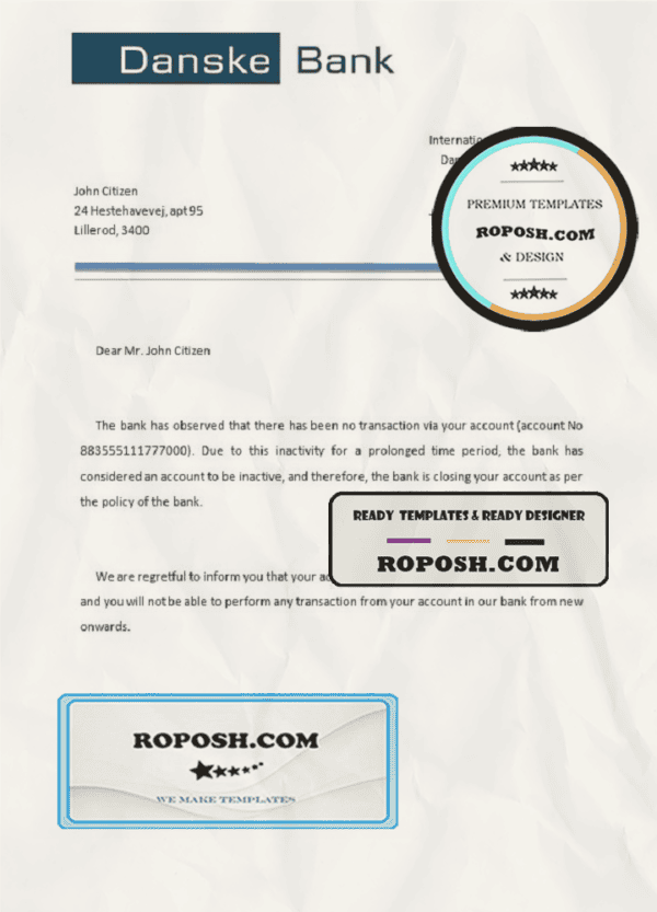 Denmark Danskebank bank account closure reference letter template in Word and PDF format