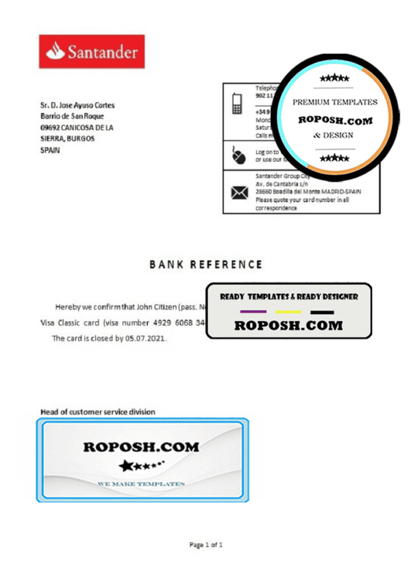 Spain Santander bank account closure reference letter template in Word and PDF format