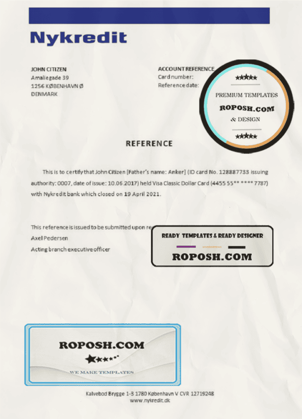 Denmark Nykredit bank account closure reference letter template in Word and PDF format