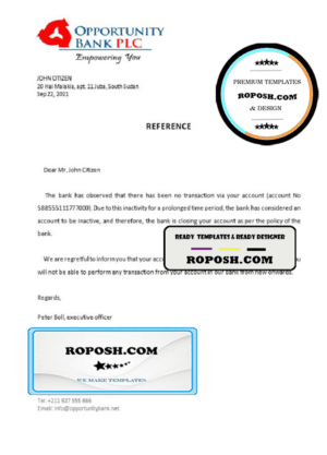 South Sudan Opportunity Bank bank account closure reference letter template in Word and PDF format
