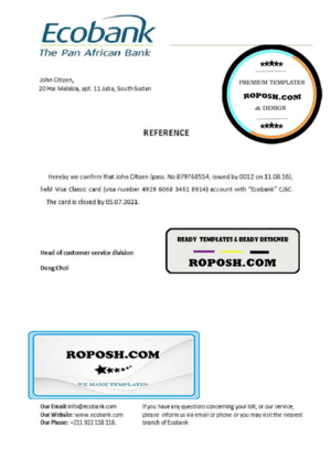 South Sudan Ecobank bank account closure reference letter template in Word and PDF format