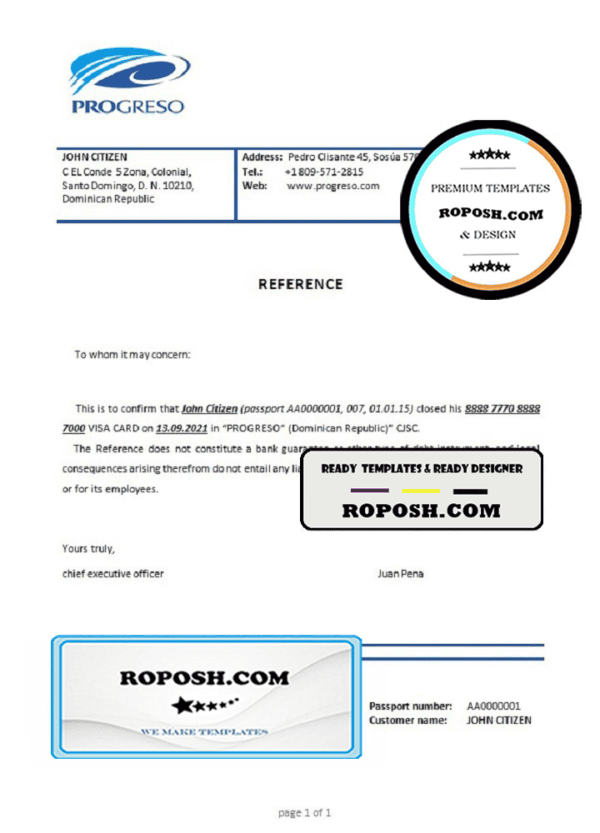 Dominican Republic Banco Progreso bank account closure reference letter template in Word and PDF format