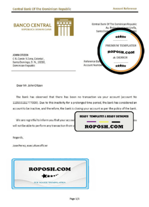 Dominica Central Bank Of The Dominican Republic bank account closure reference letter template in Word and PDF format