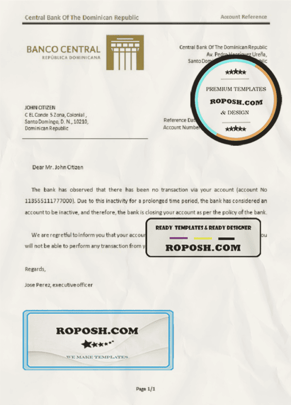Dominica Central Bank Of The Dominican Republic bank account closure reference letter template in Word and PDF format