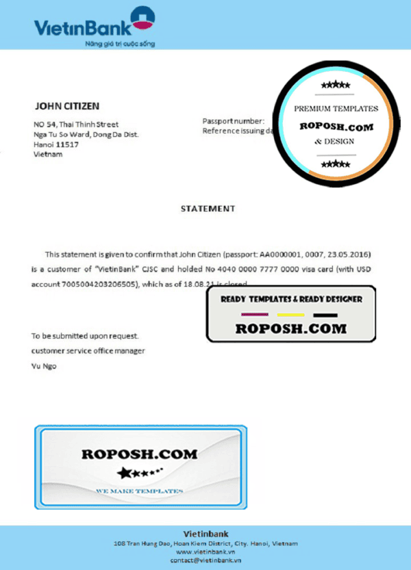 Vietnam Vietinbank bank account closure reference letter template in Word and PDF format