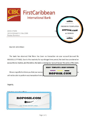 Dominica CIBC First Caribbean International bank account closure reference letter template in Word and PDF format