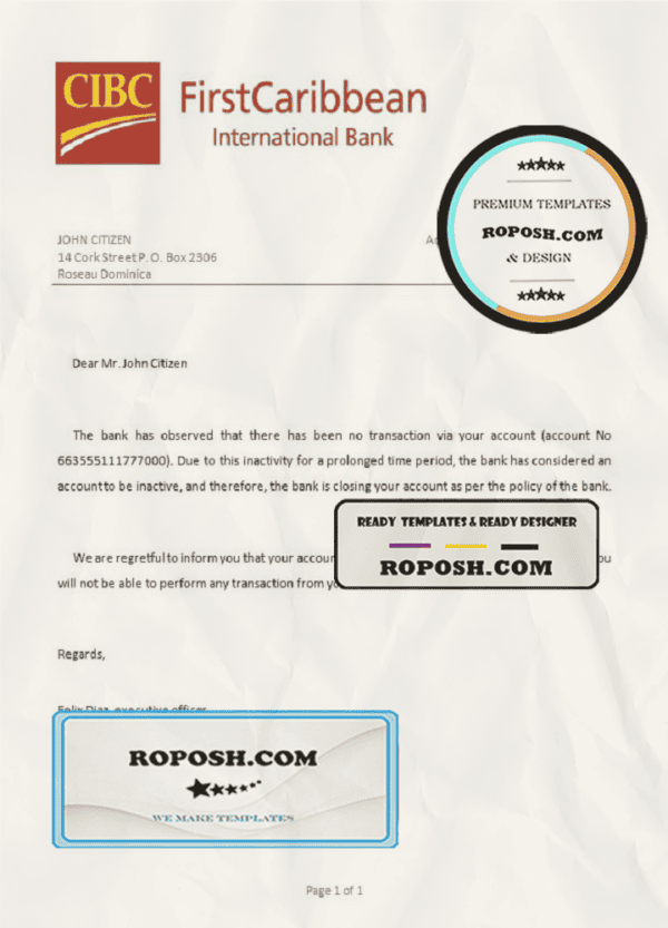 Dominica CIBC First Caribbean International bank account closure reference letter template in Word and PDF format