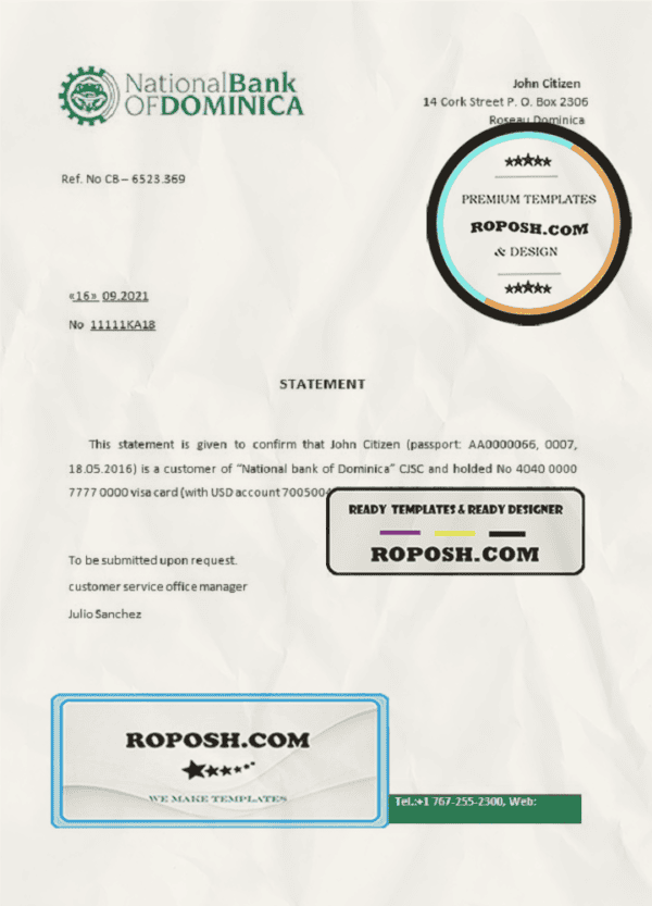 Dominica National Bank of Dominica bank account closure reference letter template in Word and PDF format