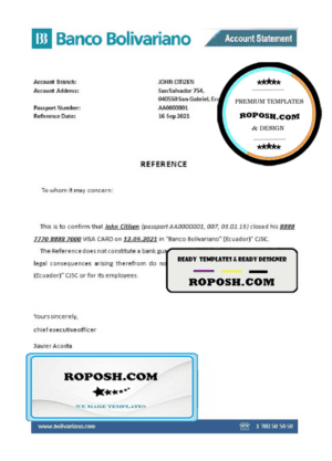 Ecuador Banco Bolivariano bank account closure reference letter template in Word and PDF format