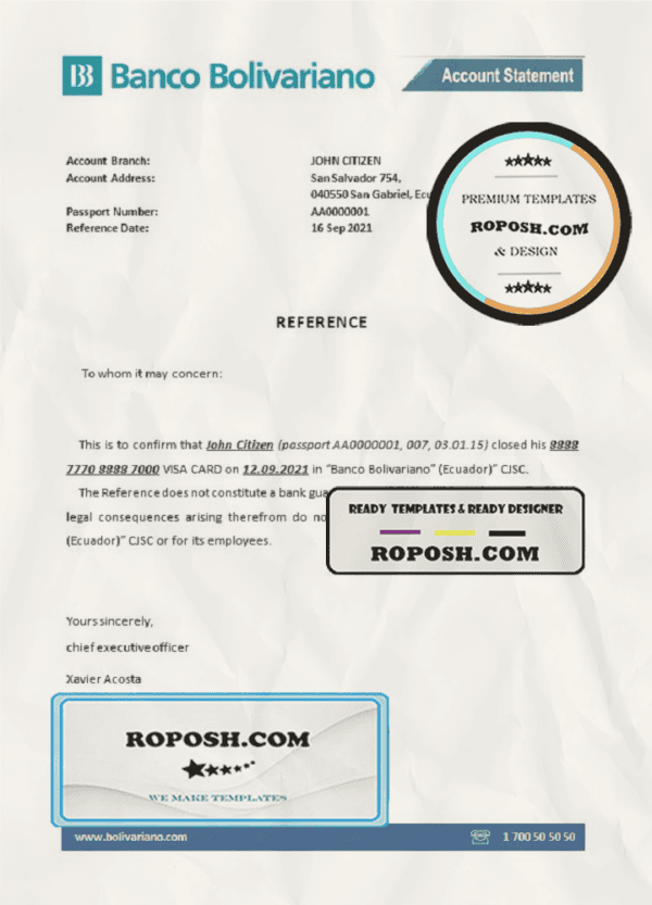 Ecuador Banco Bolivariano bank account closure reference letter template in Word and PDF format