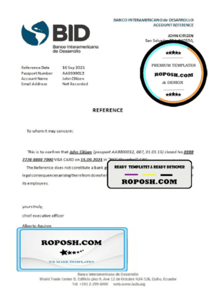 Ecuador Banco Interamericano de Desarrollo (BID) bank account closure reference letter template in Word and PDF format