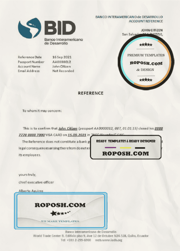 Ecuador Banco Interamericano de Desarrollo (BID) bank account closure reference letter template in Word and PDF format