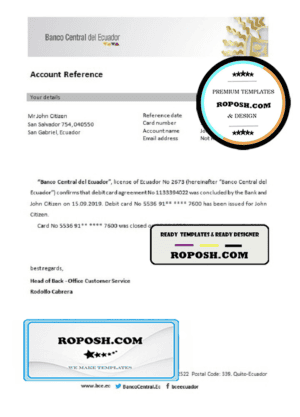 Ecuador Central Bank of Ecuador bank account closure reference letter template in Word and PDF format