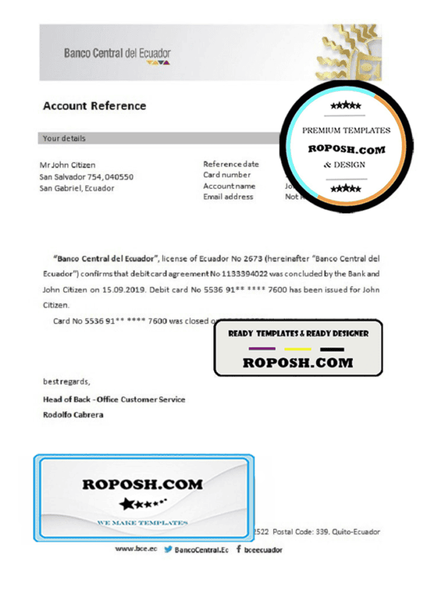 Ecuador Central Bank of Ecuador bank account closure reference letter template in Word and PDF format