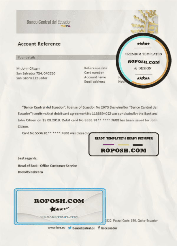Ecuador Central Bank of Ecuador bank account closure reference letter template in Word and PDF format