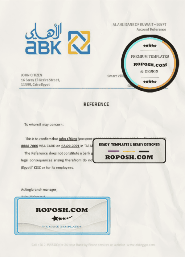 Egypt Al Ahli Bank of Kuwait bank account closure reference letter template in Word and PDF format