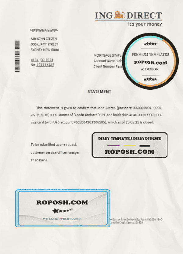 Australia ING Direct bank account closure reference letter template in Word and PDF format