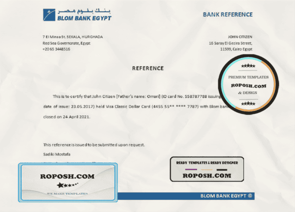 Egypt Blom Bank of Egypt bank account closure reference template in Word and PDF format (.doc and .pdf)