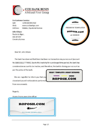 Equatorial Guinea CCEI Bank Benin bank account closure reference letter template in Word and PDF format