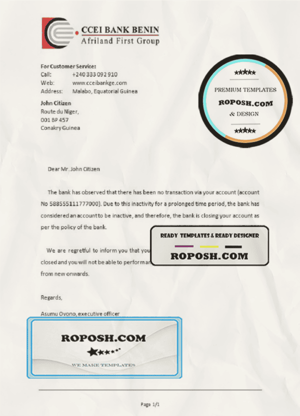 Equatorial Guinea CCEI Bank Benin bank account closure reference letter template in Word and PDF format