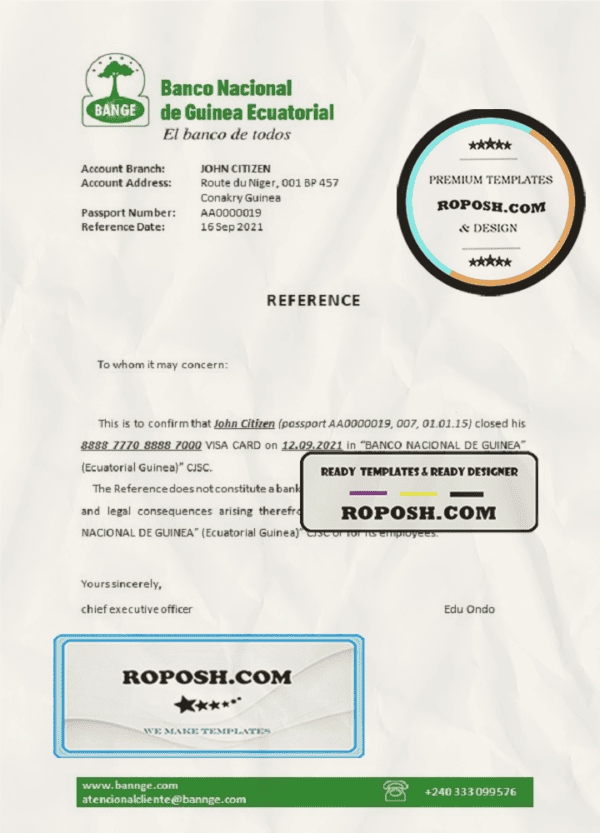 Equatorial Guinea The National Bank bank account closure reference letter template in Word and PDF format