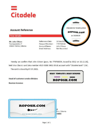 Estonia Citadele banka Eesti filiaal AS template of bank account closure reference letter, Word and PDF format (.doc and .pdf)