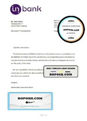 Estonia Inbank bank account closure reference letter template in Word and PDF format