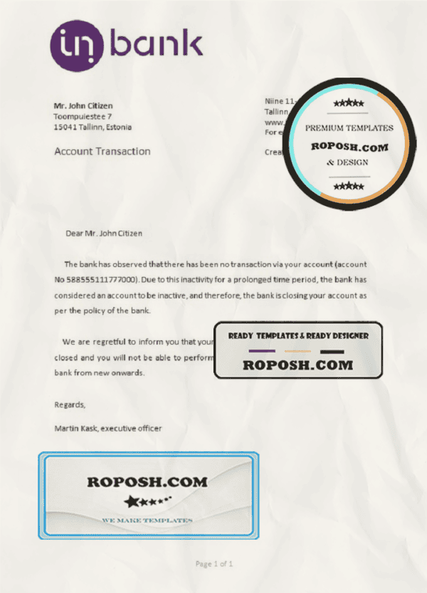 Estonia Inbank bank account closure reference letter template in Word and PDF format