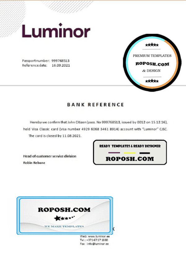 Estonia Luminor Bank template of bank account closure reference letter, Word and PDF format (.doc and .pdf)
