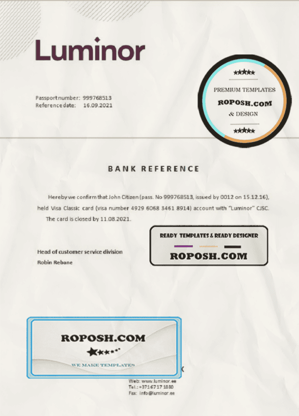 Estonia Luminor Bank template of bank account closure reference letter, Word and PDF format (.doc and .pdf)