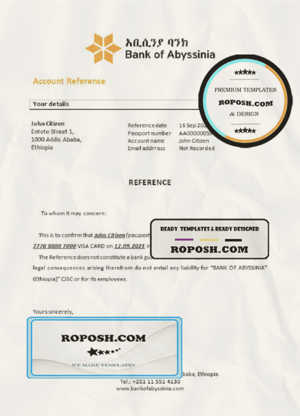 Ethiopia Bank of Abyssinia bank account closure reference letter, Word and PDF format (.doc and .pdf)