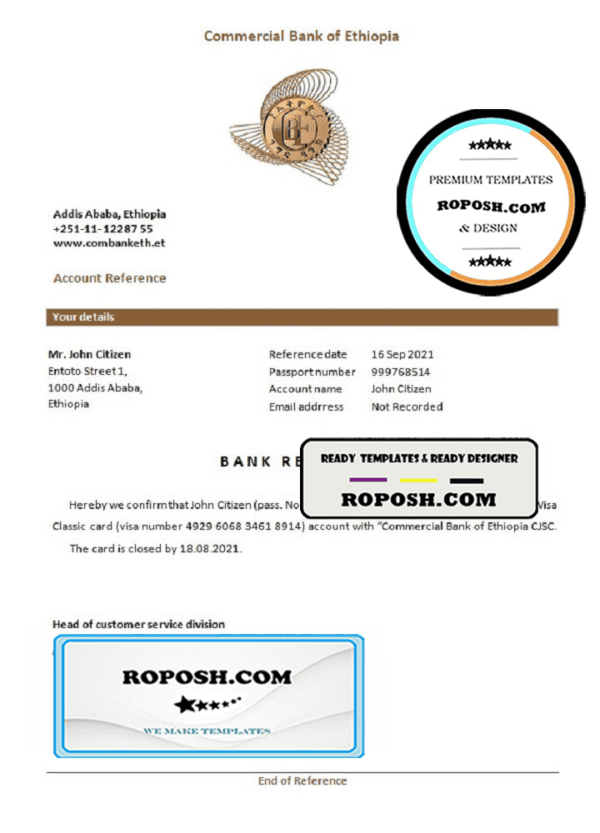 Ethiopia Commercial Bank bank account closure reference letter, Word and PDF format (.doc and .pdf)