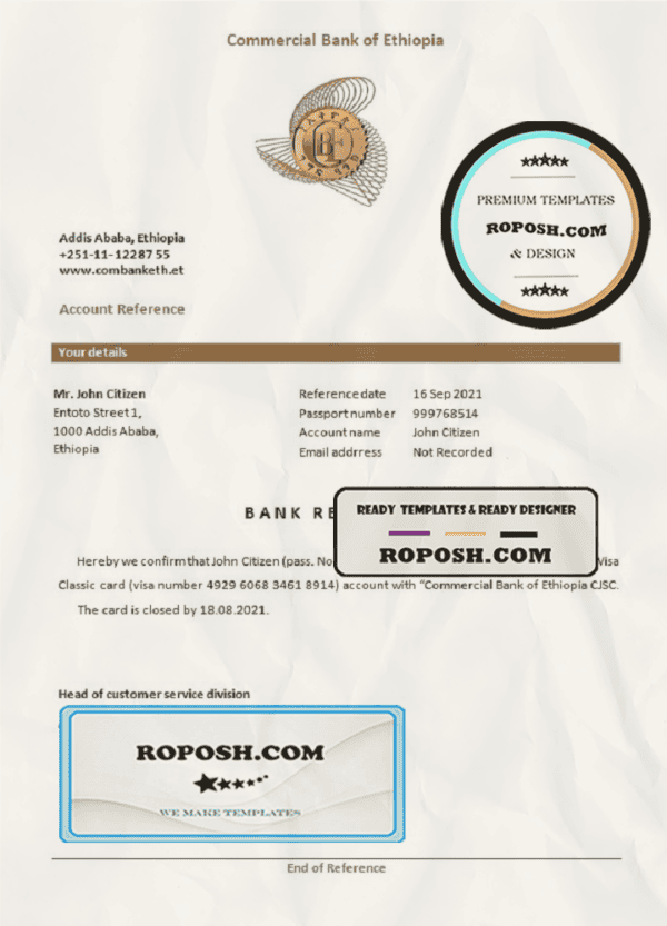 Ethiopia Commercial Bank bank account closure reference letter, Word and PDF format (.doc and .pdf)