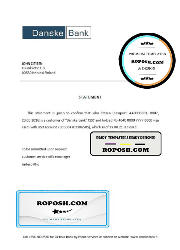 Finland Danske bank account closure reference letter template in Word and PDF format