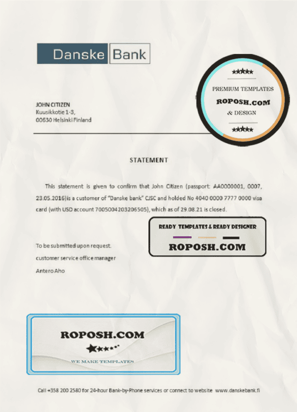 Finland Danske bank account closure reference letter template in Word and PDF format