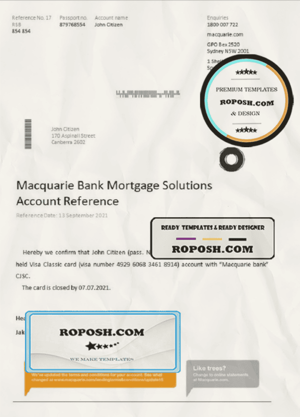 Australia Macquarie bank account closure reference letter template in Word and PDF format