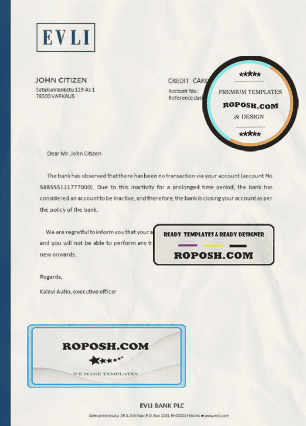 Finland Evli bank account closure reference letter template in Word and PDF format