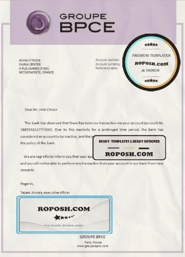 France Groupe BPCE bank account closure reference letter template in Word and PDF format