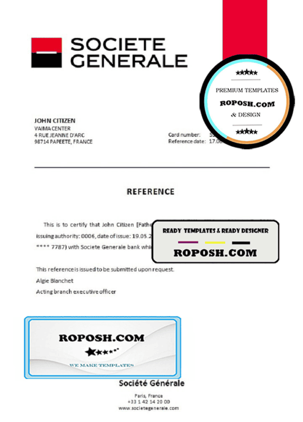 France Société Générale bank account closure reference letter template in Word and PDF format
